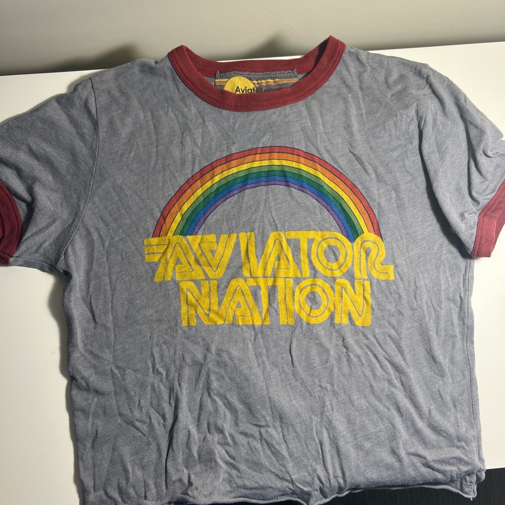 Aviator Nation Gray and Red Retro Rainbow Tee